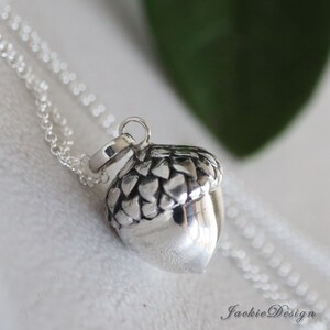 May include: A silver acorn pendant necklace. The acorn charm is detailed with a textured cap and a smooth, rounded body. The necklace chain is delicate and silver, creating a simple, elegant design. The pendant is approximately 1 inch in length.