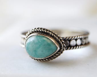 Blue Amazonite Bohemian Style Sterling Silver Ring Bali Handmade Ring Size 6 or 9