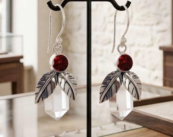 Handcrafted Silver Leaf & Clear Crystal Point Drop Earrings, Chakra Jewelry
