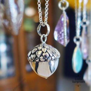 May include: A silver acorn pendant necklace. The acorn pendant is detailed with textured cap and smooth body, suspended from a delicate chain. Other necklaces are visible in the background. The necklace is a piece of jewelry.