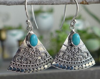 Handcrafted Bali Sterling Silver Filigree & Turquoise Boho Fan Earrings