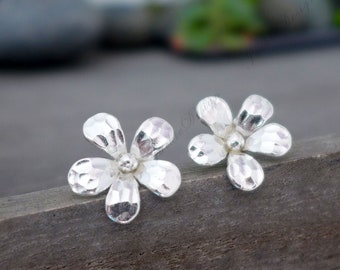 Sterling Silver Hand Hammered Flower Stud Earrings