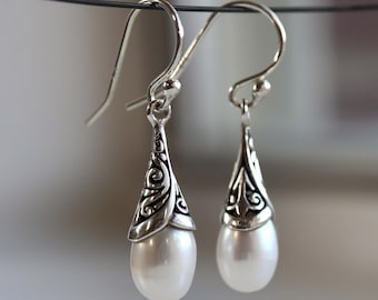 Bridal Pearl Sterling Silver Drop Earrings Leverback – Wedding Jewelry Bridesmaid Gift