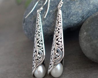 Elegant Filigree Pearl Dangle Earrings – Sterling Silver Vintage Style Jewelry