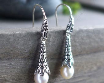 White Fresh Water Pearl Sterling Silver Earrings- Bohemian style