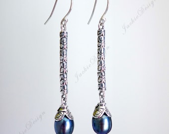 Handmade Sterling Silver Dangle Earrings: Black Baroque Pearls, Bali Style