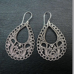 Filigree Lace Tear Drop Bali Ornate Sterling Silver Earrings JD171