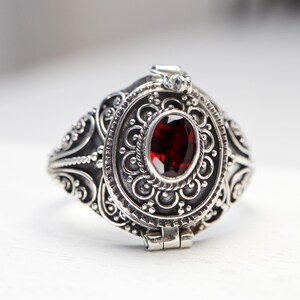 Sterling Silver Red Garnet Secret Compartment Locket Ring JR21