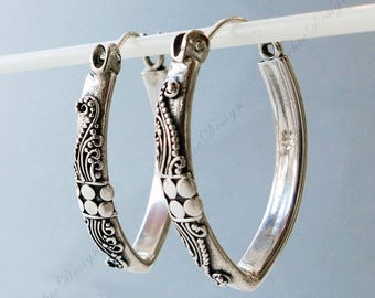 Sterling Silver Hoop Earrings Bali Ornate Handmade