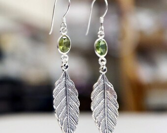 2.36 inch Long Leaf Earrings Green Peridot Purple Amethyst Sterling Silver Earrings JM310