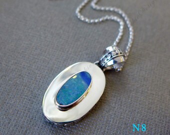 Handmade Blue Opal Sterling Silver Pendant Necklace, Bali Jewelry, 20 Inch Chain