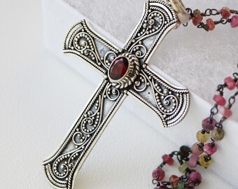 Ornate Sterling Silver Garnet Cross Necklace: Filigree Christian Pendant