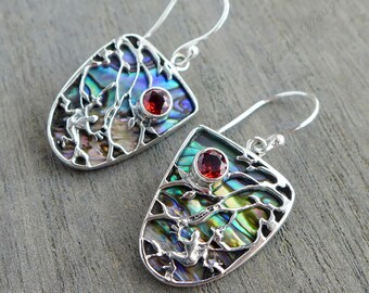 Sterling Silver Gecko Red Garnet Abalone Shell Bali Handmade Earrings