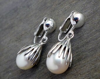 Sterling Silver White Fresh Water Pearl Drop Earrings- Clip-on Earwires