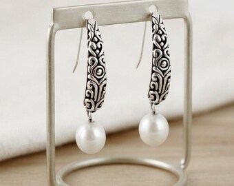 Balinese Drop Earrings 925 Sterling Silver | Handcrafted Freshwater Pearl Dangle Earrings