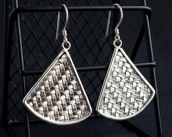 Handwoven Sterling Silver Fan Drop Earrings | Bali Artisan Dangle Jewelry