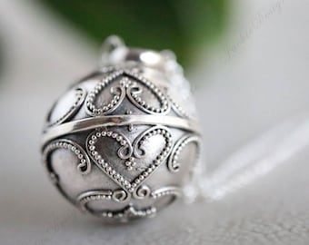 Lace Hearts 20mm Angel Caller Charm Sterling Silver Harmony Ball Necklace