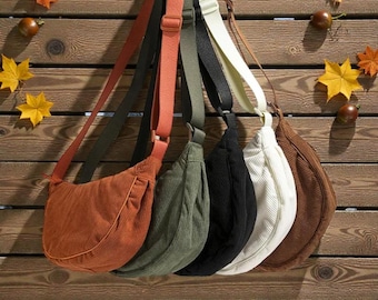 Crescent Corduroy Crossbody Bag: Minimalist Hobo Purse