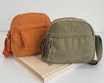 Vintage Corduroy Crossbody Phone Bag, Japanese Casual Style