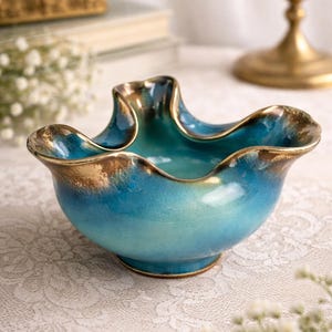 Vintage Golden Crown Austria Turquoise Bowl, Mid Century Modern Art Pottery