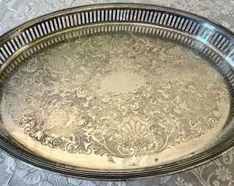 Vintage Silverplated Oval Gallery Tray, Prill Silver Co Attributed, Footed Serving Tray, Ornate Engraved Silver Plate, Vanity Decor