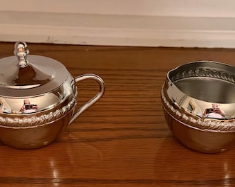 Vintage Irvinware Chrome Sugar and Creamer Set, Silver Tone Rope Detail, Covered Sugar Bowl, Mid Century Tableware