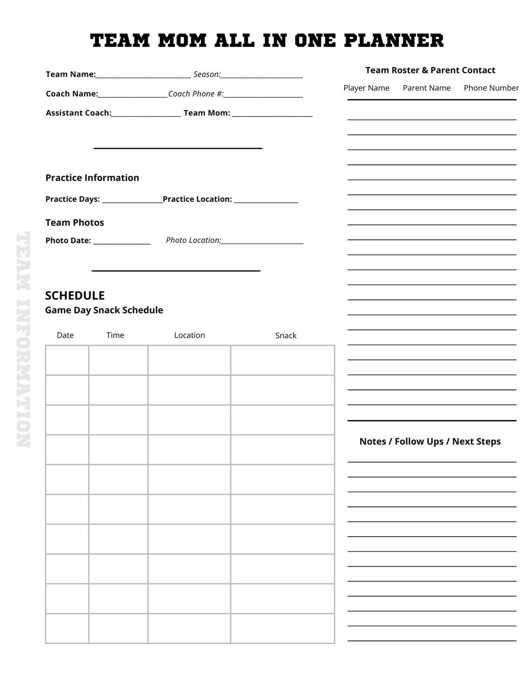 Team Mom Planner Printable, Sports Roster, Snack Schedule (PDF Download ...