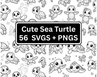 Pacchetto SVG di tartarughe carine – Pagine da colorare di tartarughe marine PNG – Clipart di cuccioli di animali dell'oceano – File di taglio Cricut – Contorno di tartaruga kawaii