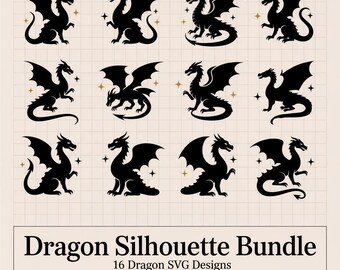 Pacchetto silhouette di drago SVG, file di taglio di drago volante, file PNG di drago fantasy, angolo del libro del drago Cricut, clipart di drago gotico