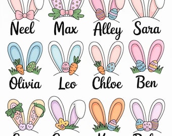 Nome coniglietto pasquale personalizzato in formato PNG per bambini / Design personalizzato per maglietta pasquale per bambini e bambine / Orecchie e zampe di coniglietto carine in formato PNG / Download di sublimazione pasquale