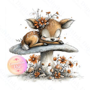 May include: A watercolor illustration of a sleeping fawn with closed eyes, resting on a mushroom. The fawn is brown with white spots and a floral crown. Orange flowers and mushrooms surround the base of the mushroom.