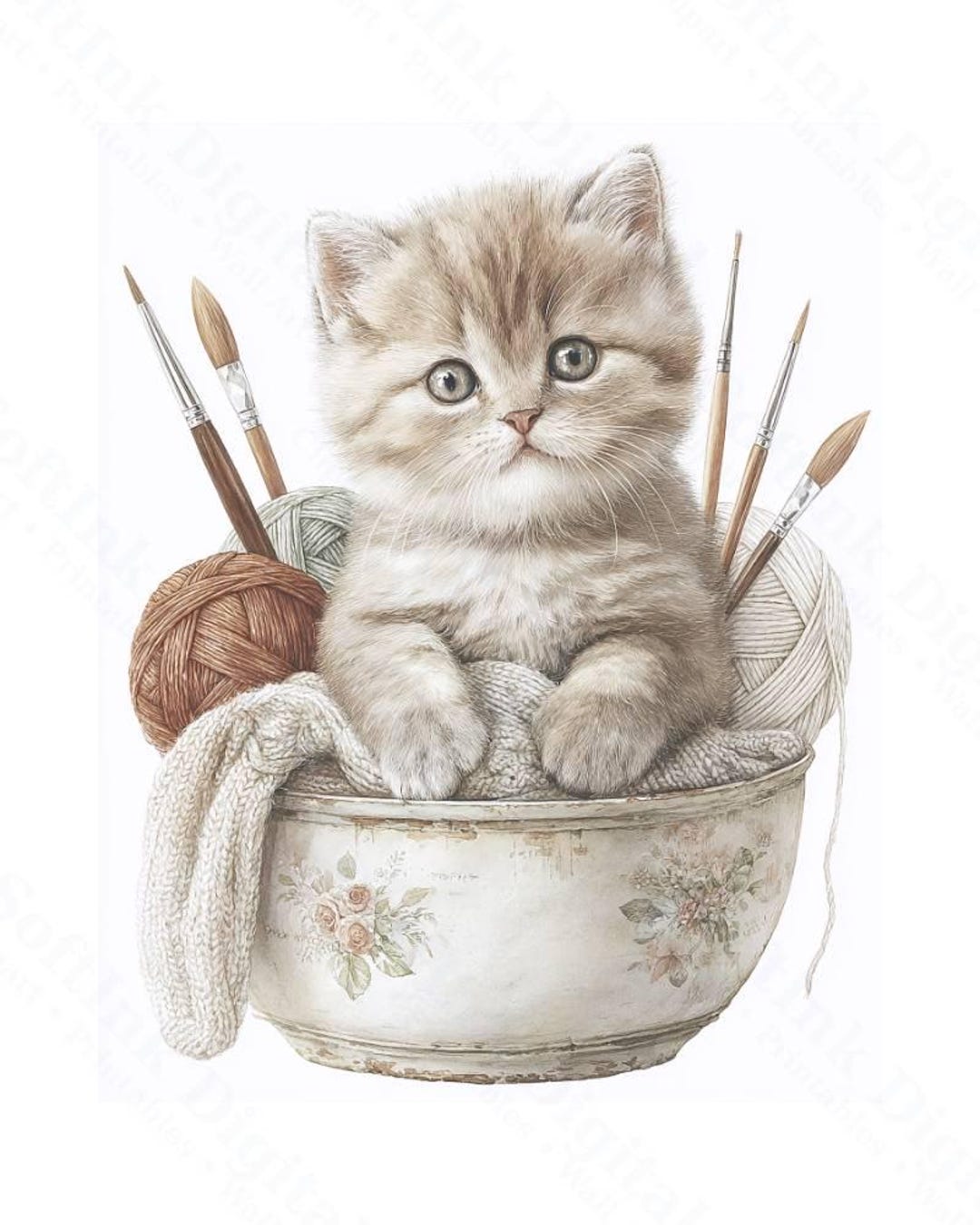 Cute Kitten Wall Art Printable, Fluffy Cat in Floral Bowl Print ...