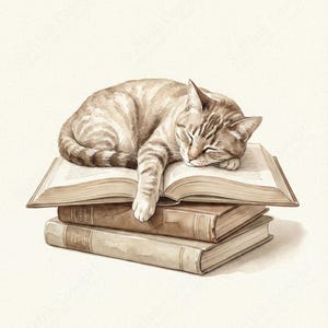 May include: Watercolor illustration of a tabby cat sleeping atop a stack of three books. The cat is light brown with darker stripes, curled up on the open book. The books are various shades of brown and beige.