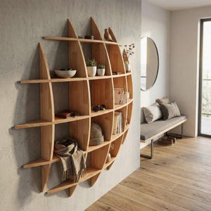 Könnte beinhalten: Einzigartiges, helles Wandregal aus Holz mit kugelförmigem Design. Die Regale sind mit dekorativen Gegenständen wie Pflanzen, Büchern und einem Schal gefüllt. Das Regal ist an einer grauen Wand montiert und schafft eine moderne, minimalistische Ästhetik.