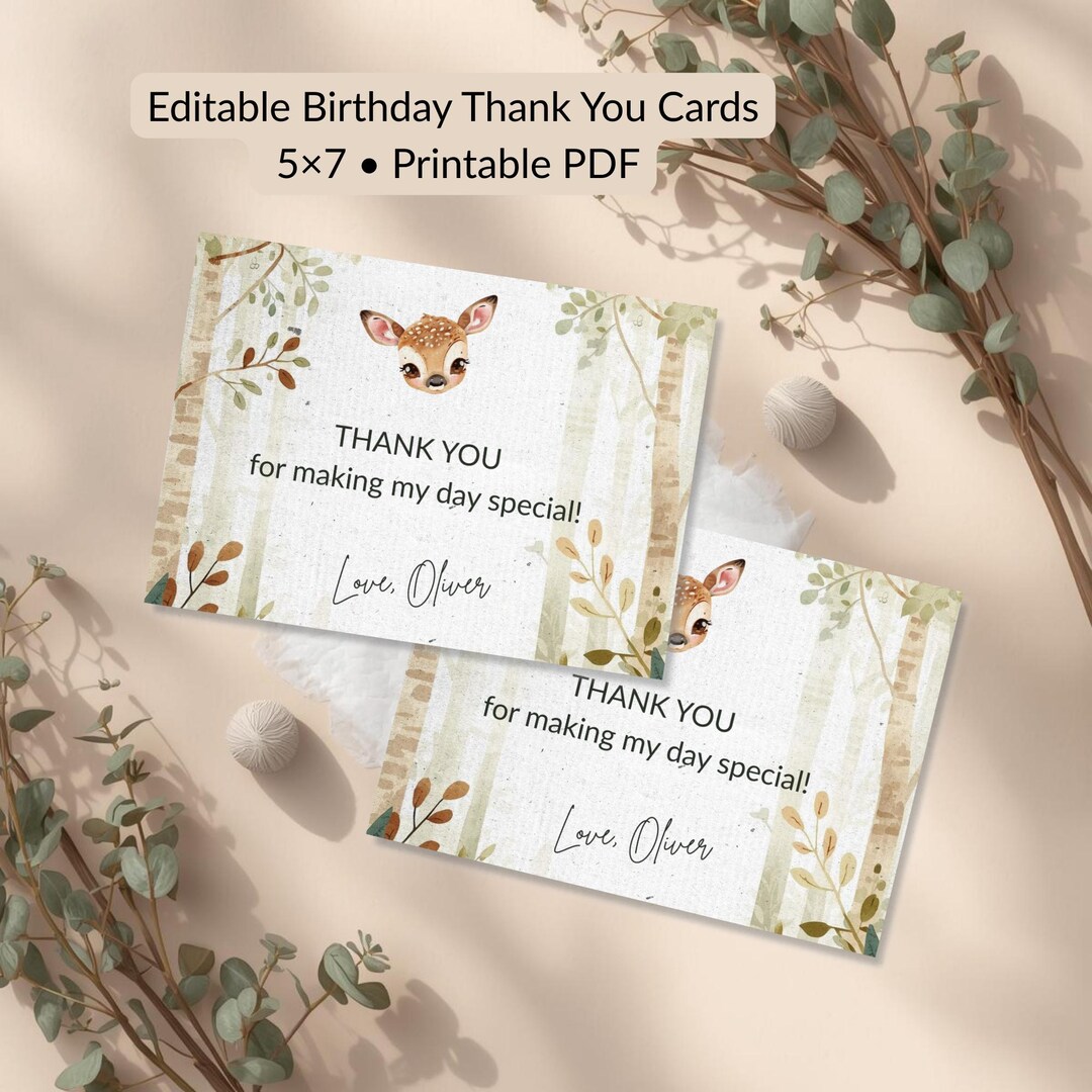 Woodland Birthday Thank You Cards, Editable 5x7 (digital Download ...