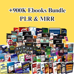 Puede incluir: Una colección de libros electrónicos y productos digitales, con títulos como "How to Write Your Squeeze Page" y "Making Money Online". La imagen muestra el texto "+900K Ebooks Bundle PLR & MRR" sobre un fondo amarillo.