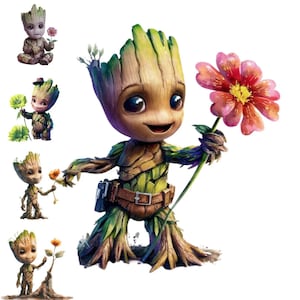 Puede incluir: Ilustración digital del personaje Groot sosteniendo una gran flor rosa y roja. El personaje es marrón y verde con un cinturón y una pequeña bolsa. Varias imágenes más pequeñas de Groot con flores están en el fondo.