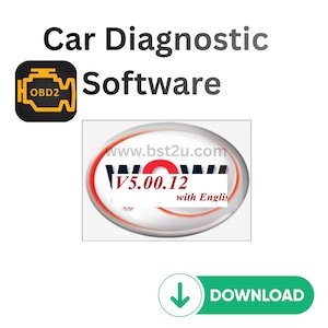 May include: Image promoting car diagnostic software. The text reads "Car Diagnostic Software" with an OBD2 icon. A circular graphic displays "WOW V5.00.12 with English" and a green "DOWNLOAD" button.