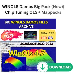May include: Image of a software package for chip tuning, featuring the text "WINOLS Damos Big Pack" and "WinOls 4.7." Includes a "HOT PRICE" graphic, a car image, and a "TOTAL SIZE 120 GB" label. A green "DOWNLOAD" button is also present.