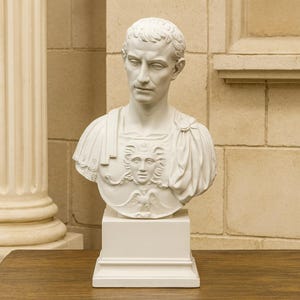 Puede incluir: Busto blanco de un hombre con pelo corto y expresión seria, con vestimenta romana clásica. El busto está montado sobre una base rectangular blanca. El pecho presenta un diseño tallado de un rostro y un águila.