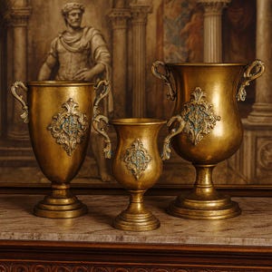 Op de afbeelding: Drie goudkleurige decoratieve urnen met sierlijke handvatten en gedetailleerde versieringen. Elke urn heeft een centraal medaillon met een turquoise accent. De urnen worden tentoongesteld op een marmeren oppervlak, met een klassiek schilderij op de achtergrond.