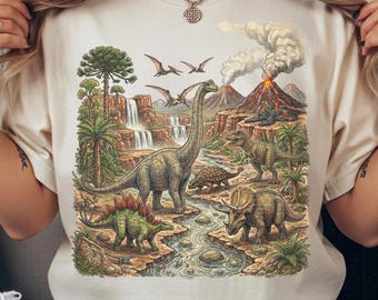 Comfort Colors® Vintage Dinosaur Landscape Graphic Tee, Jurassic Era T Rex Shirt, Prehistoric Nature Retro Style Top, Dino Gift Tee