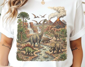 Vintage Dinosaur Landscape Graphic Tee, Jurassic Era T Rex Shirt, Prehistoric Nature Retro Style Top, Dino Gift Tee