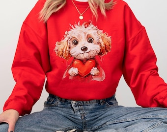 Welpen Herz Sweatshirt, Valentinstag Hund Rundhalsausschnitt