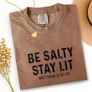 Könnte beinhalten: Ein braunes kurzärmeliges T-Shirt mit Rundhalsausschnitt und einem Comfort Colors Markenetikett. Das Shirt zeigt den schwarzen Aufdruck BE SALTY STAY LIT MATTHEW 5:13-14. Eine goldfarbene Kette mit herzförmigem Anhänger liegt auf dem Stoff.