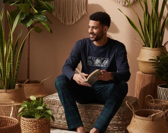 Pijama de algodón a cuadros para hombre: ropa de estar por casa de manga larga