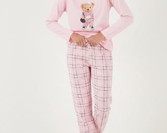 Women's Cotton Pajama Set – Printed Top & Pink Plaid Pants