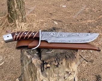 Custom Damascus Steel Bowie Knife Rose Wood Handle Leather Sheath ,Personalized Gift For Father