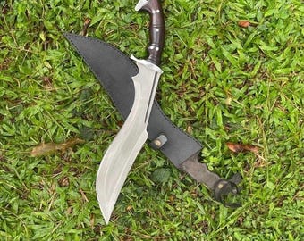 Hand Forged Carbon Steel Kukri Knife, Handmade Full Tang Bushcraft Knife, Rosewood Handle with Leather Sheath