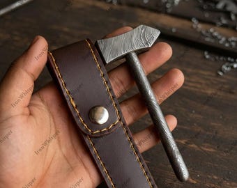 Handmade Mini Damascus Hammer with Leather Sheath | Custom Forged Small Blacksmith Tool | Unique Craftsman Gift